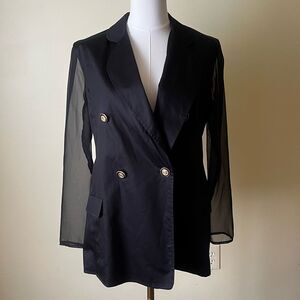 Vintage Bloomingdales Black Double Breasted Blazer Sheer Sleeves Gold Buttons 10
